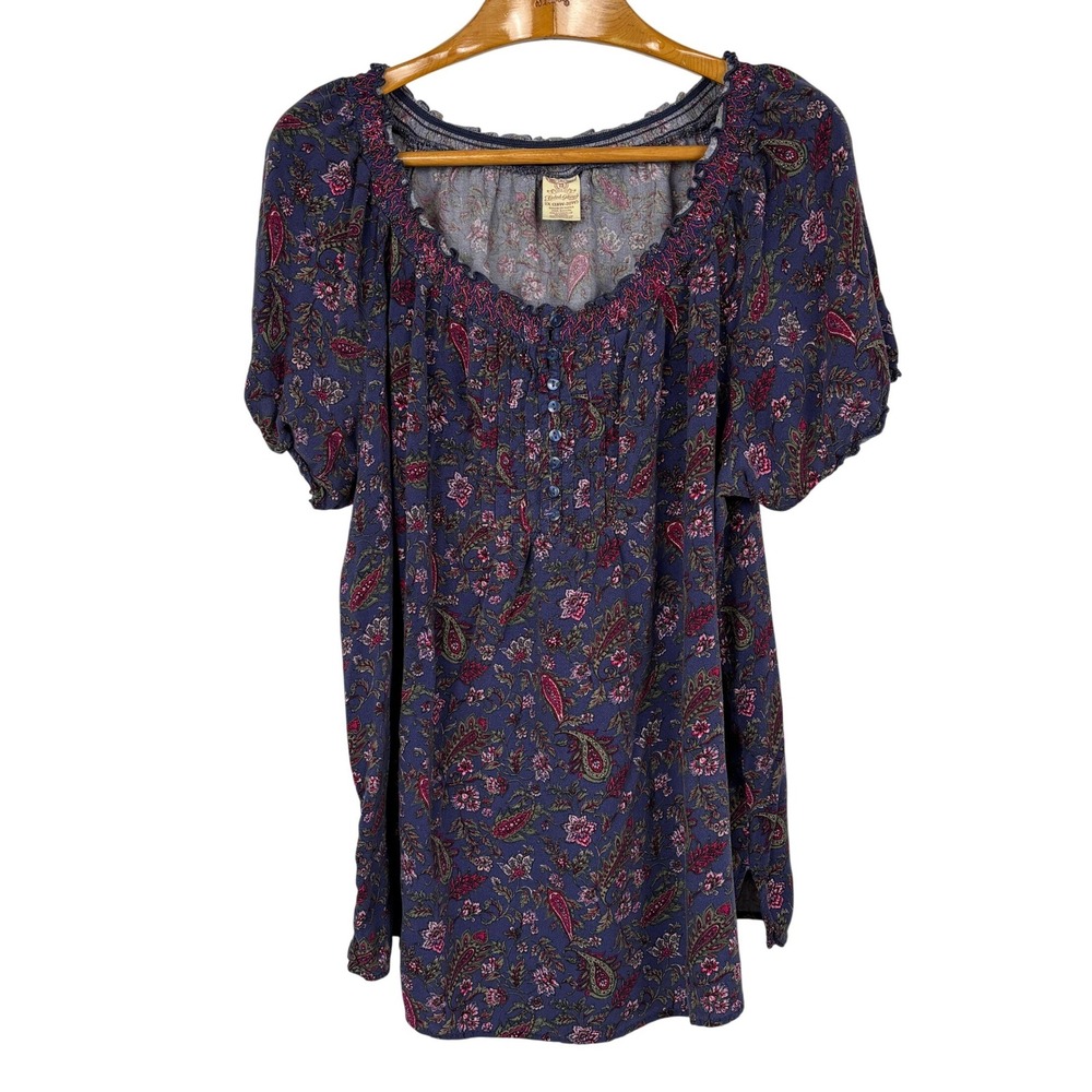 Faded Glory 2X Paisley Floral Peasant Top Peri Night Blue Boho Cottagecore Rayon
